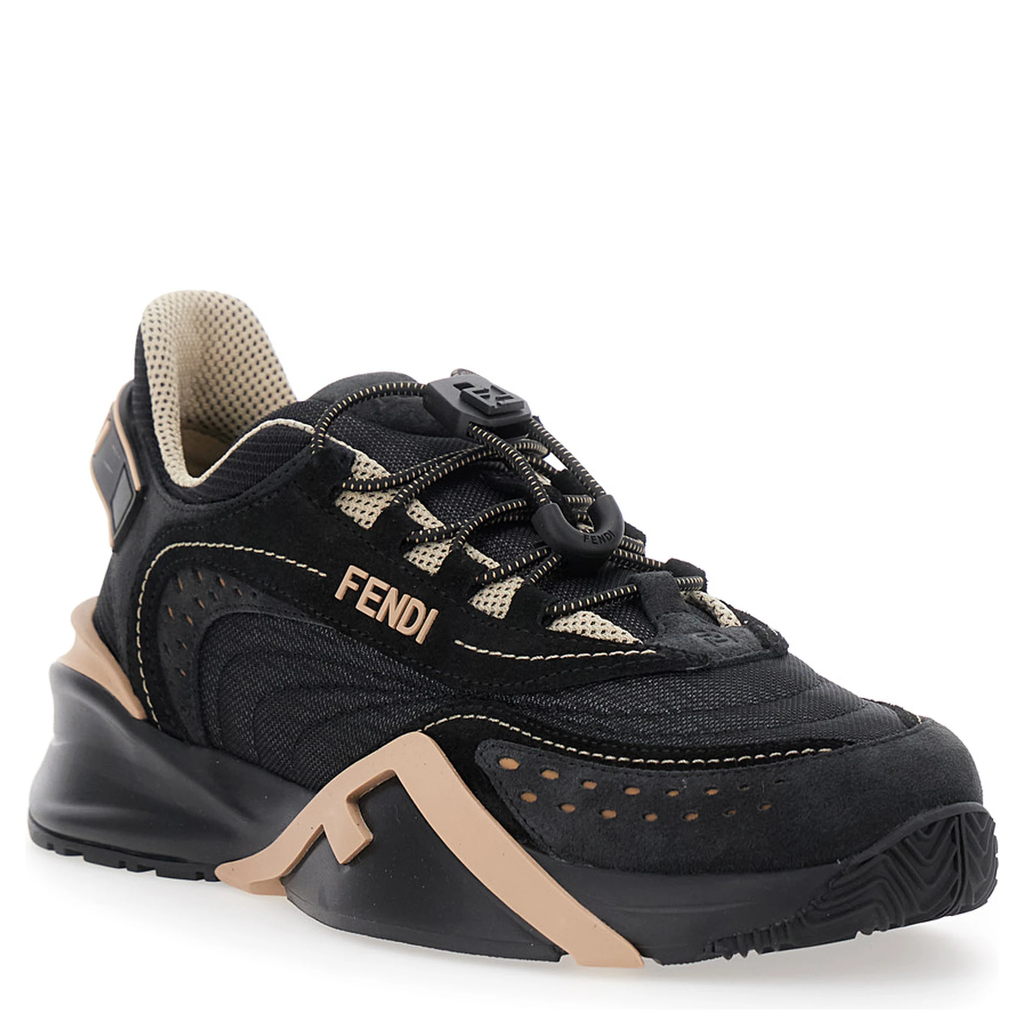 Fendi Flow Black Low Top Sneakers with Diagonal F Detail in Leather Woman