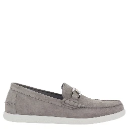 Grey Loafers with FF Metal Buckle and Contrasting Sole in Suede Man