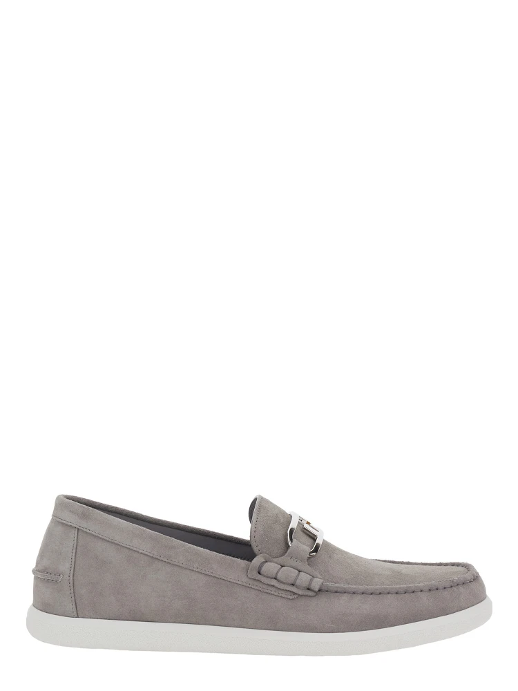 Grey Loafers with FF Metal Buckle and Contrasting Sole in Suede Man
