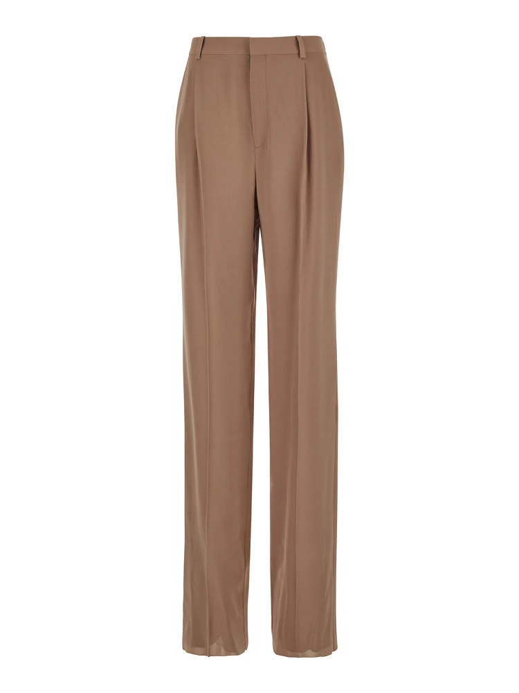 Beige Pants with High Waist and Pences on the Front  in Silk Woman