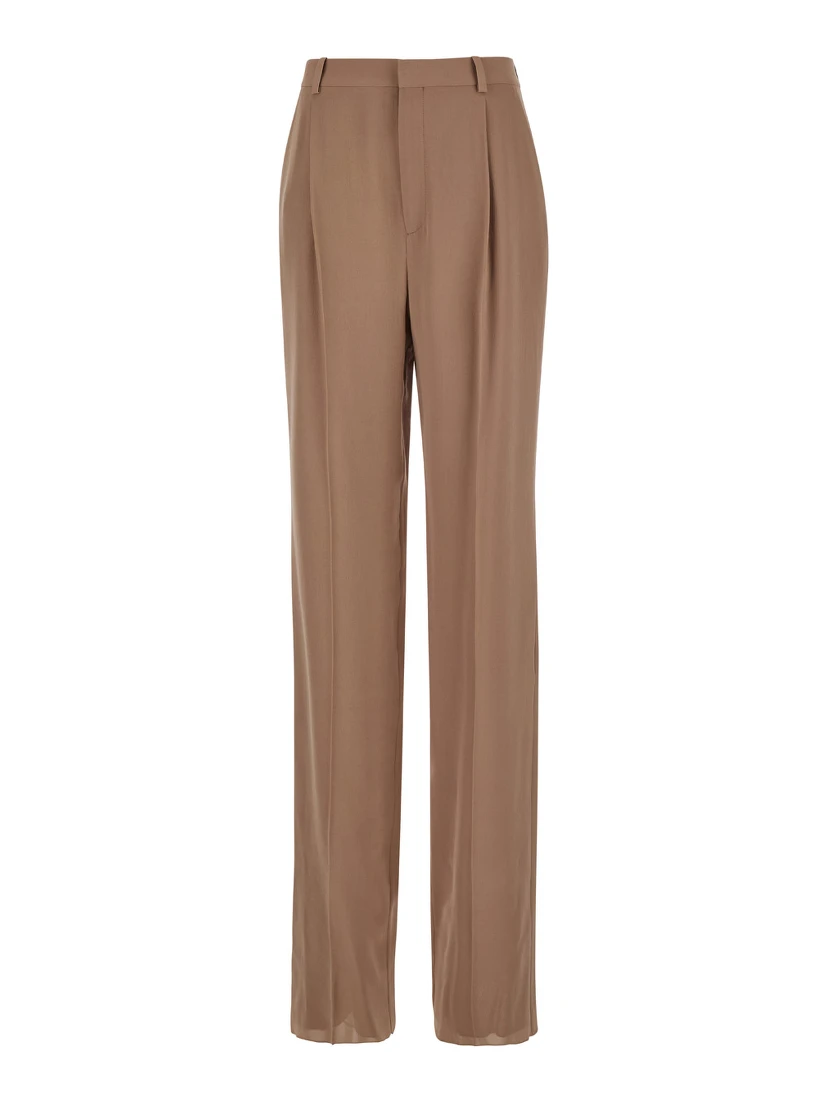 Beige Pants with High Waist and Pences on the Front  in Silk Woman