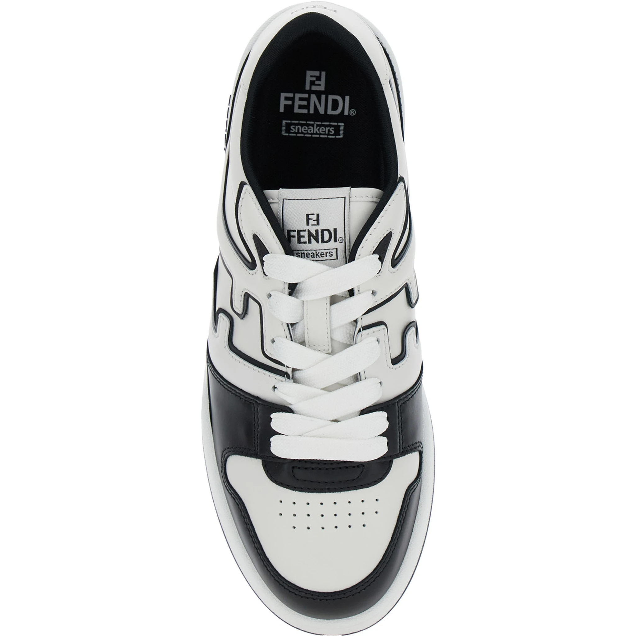 حذاء رياضي أبيض وأسود منخفض الرقبة بتفاصيل FF من الجلد للرجال