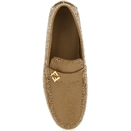 Driver Beige Loafers with Rubber Injected Sole and Metallic FF Plate in Hammered Leather Man