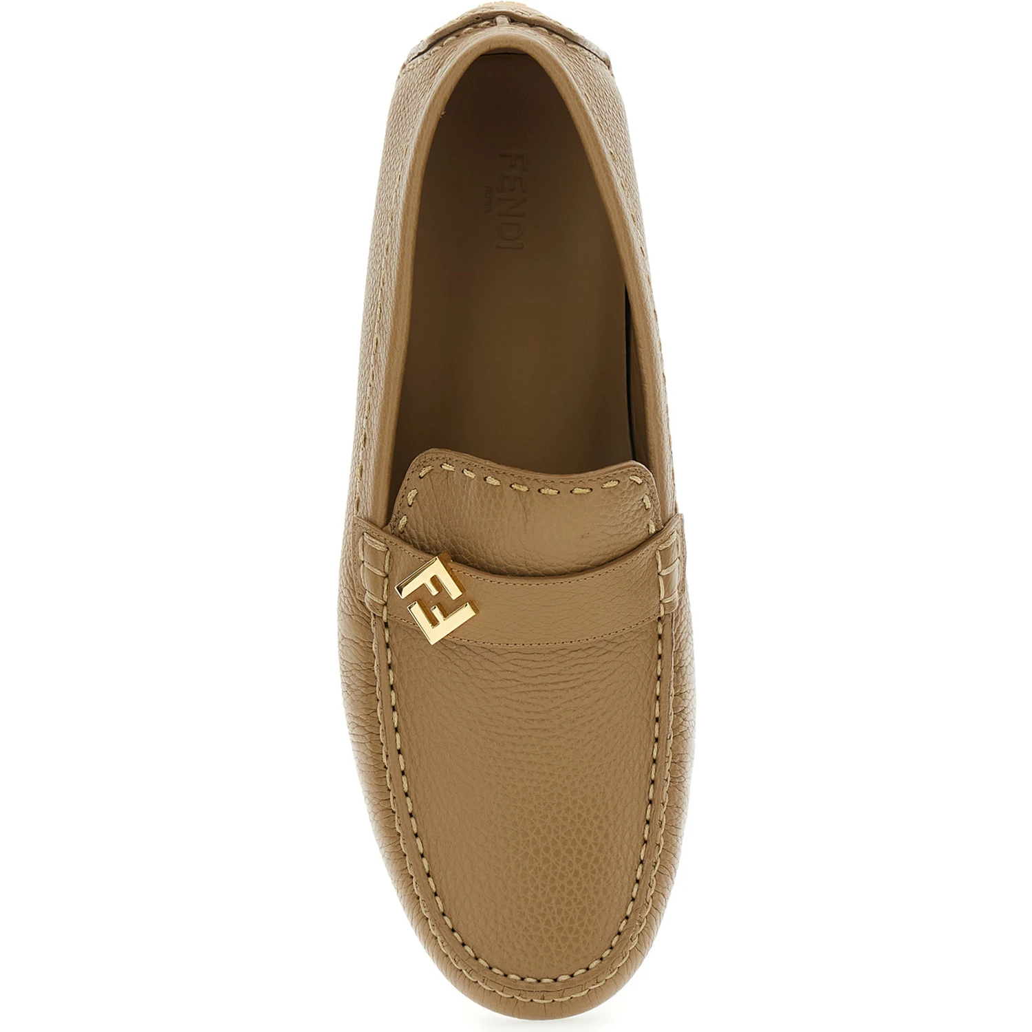 Driver Beige Loafers with Rubber Injected Sole and Metallic FF Plate in Hammered Leather Man
