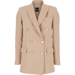 Beige Double-Breasted Jacket with Classic Lapels in Fabric Woman