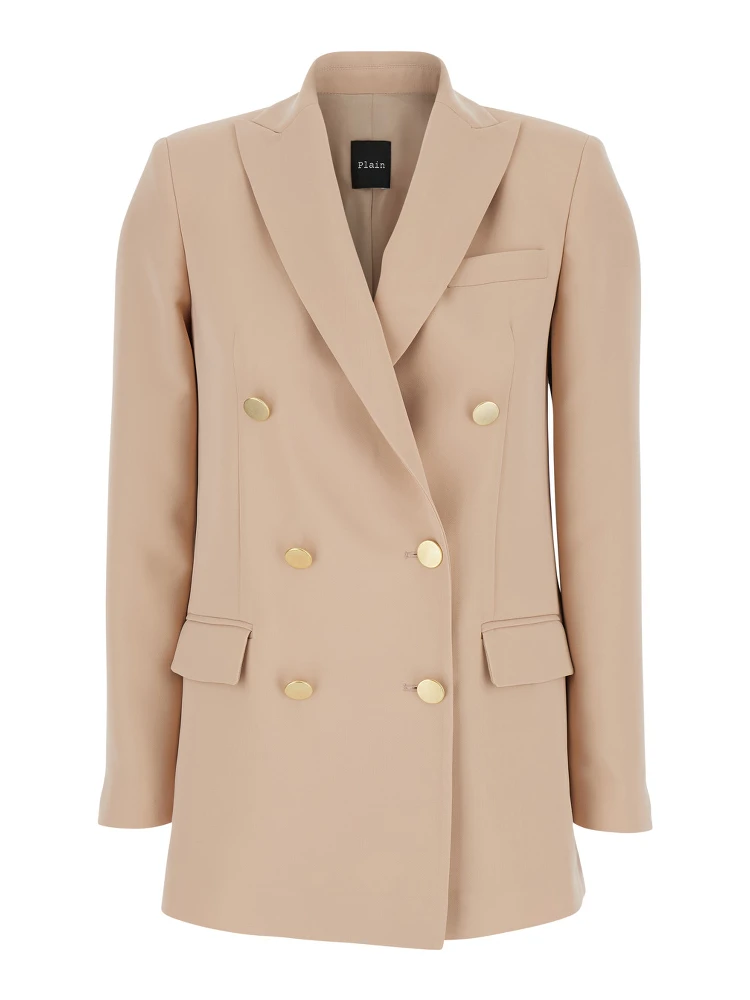 Beige Double-Breasted Jacket with Classic Lapels in Fabric Woman