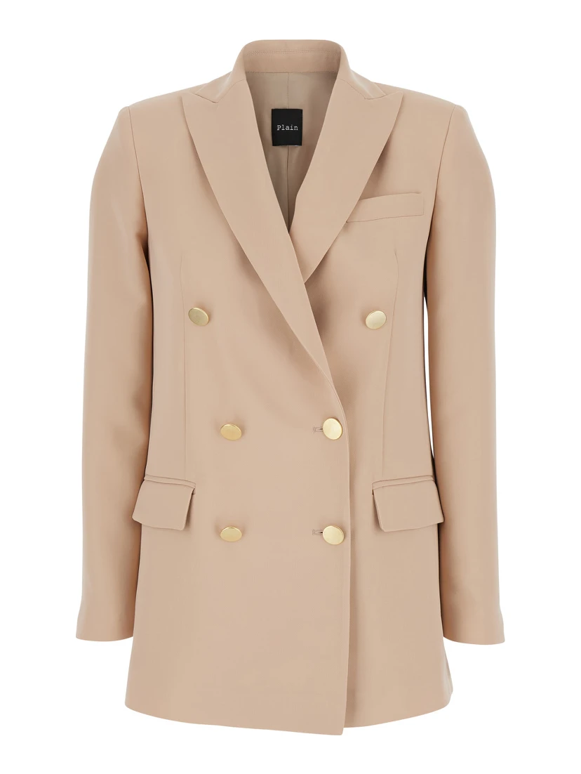 Beige Double-Breasted Jacket with Classic Lapels in Fabric Woman