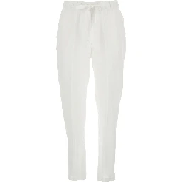 White Pants with Elastic Waist with Drawstring in Linen Woman