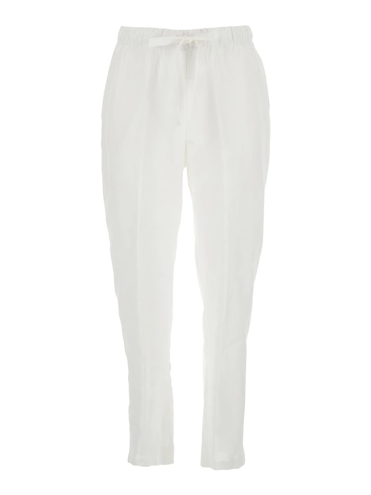 White Pants with Elastic Waist with Drawstring in Linen Woman