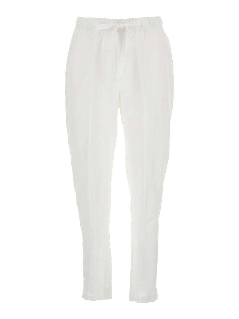 White Pants with Elastic Waist with Drawstring in Linen Woman