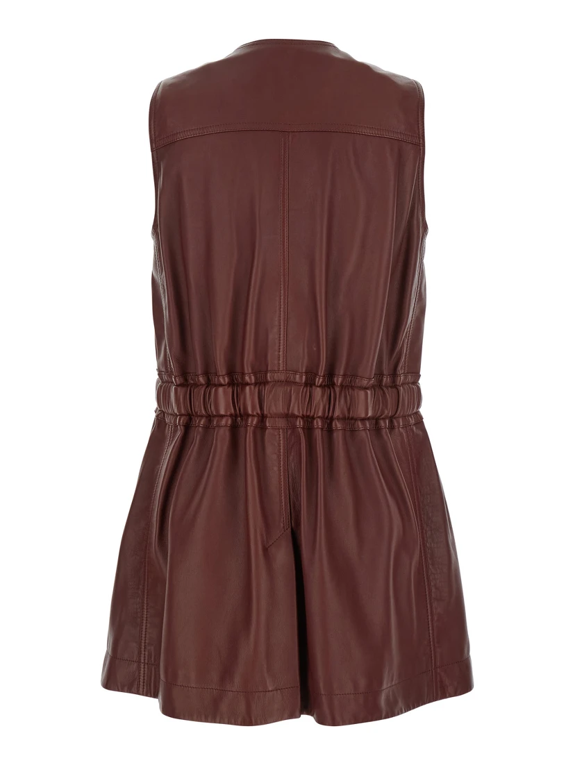 Bordeaux Vest with V Neck and Adjustable Belt in Leather Woman