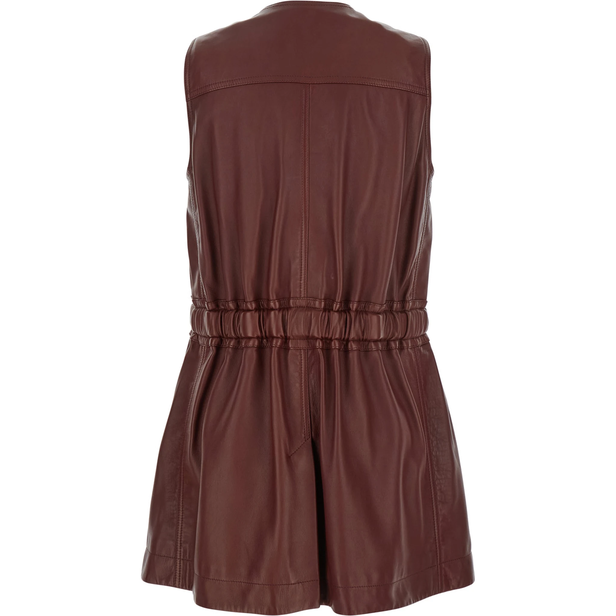 Bordeaux Vest with V Neck and Adjustable Belt in Leather Woman