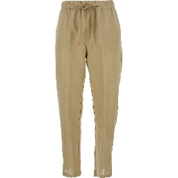 Beige Pants with Elastic Waist with Drawstring in Linen Woman