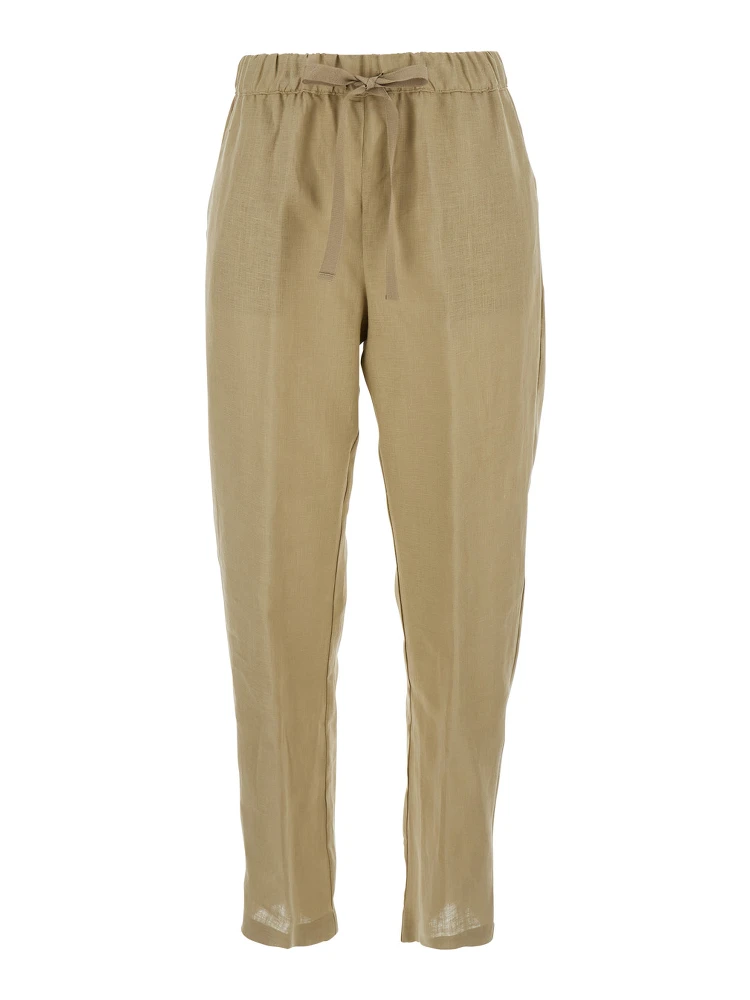 Beige Pants with Elastic Waist with Drawstring in Linen Woman