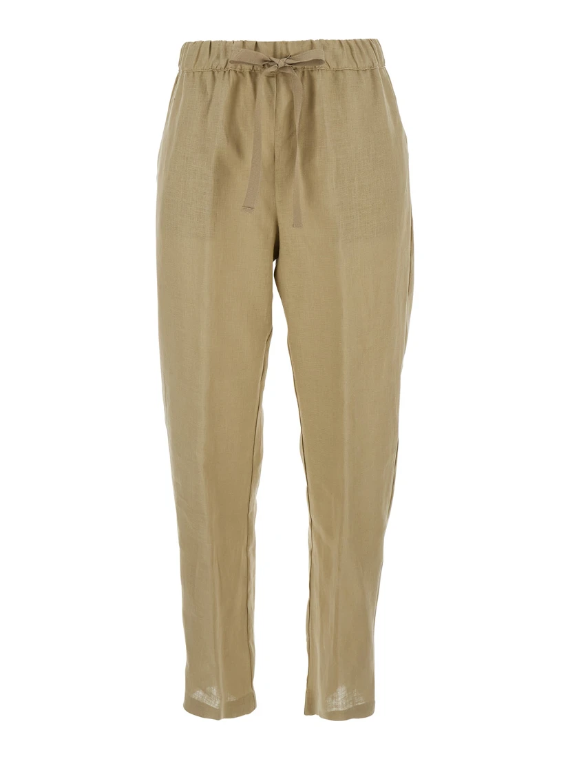 Beige Pants with Elastic Waist with Drawstring in Linen Woman