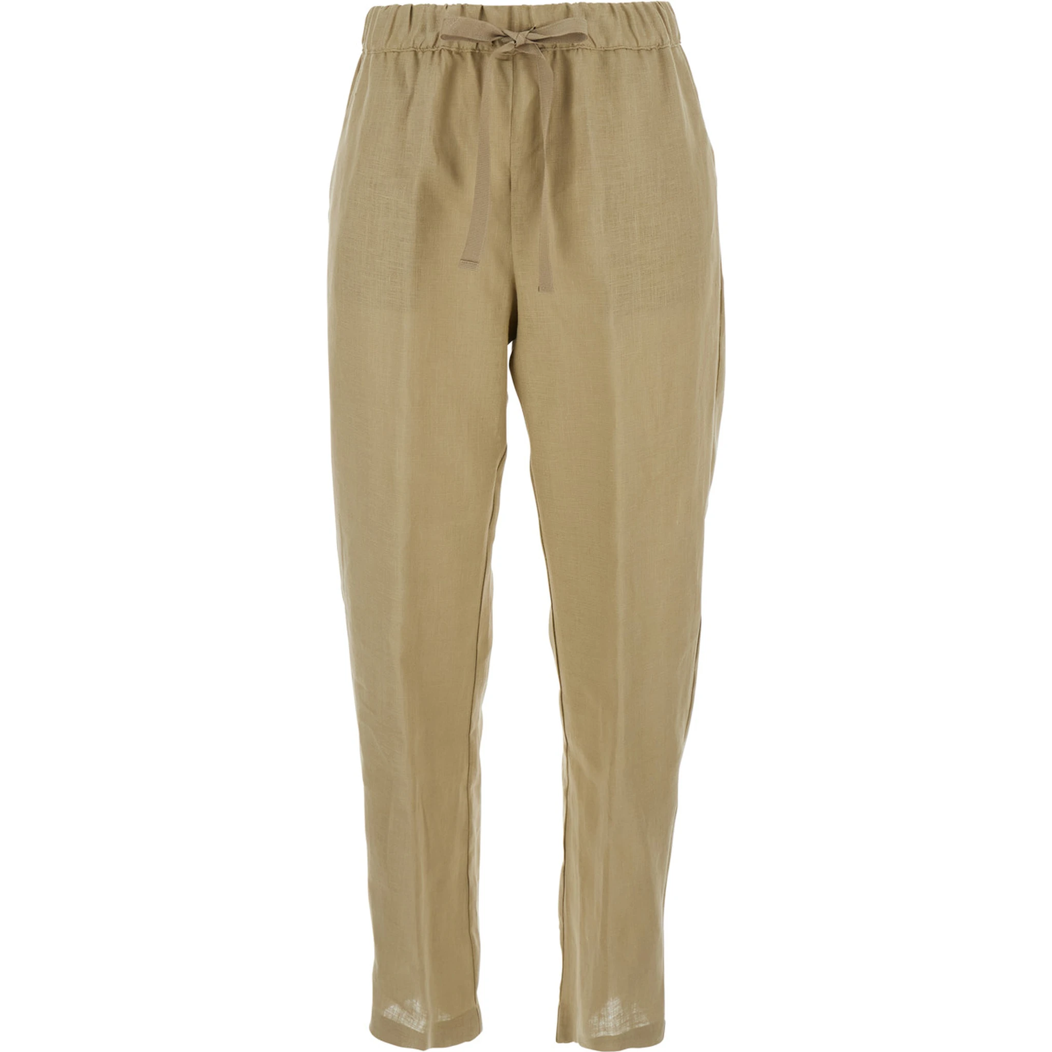 Beige Pants with Elastic Waist with Drawstring in Linen Woman