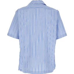 Blue Shirt with All-Over Striped Motif and Cuban Collar in Cotton Man