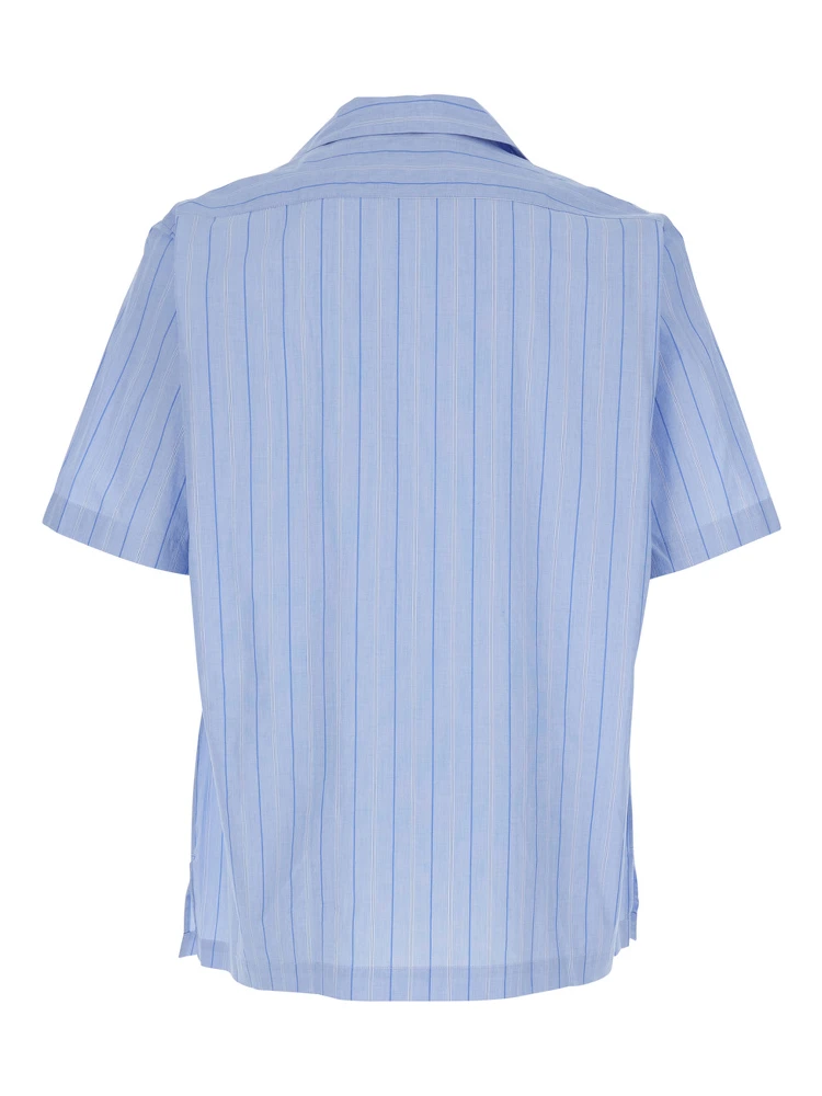 Blue Shirt with All-Over Striped Motif and Cuban Collar in Cotton Man alternative