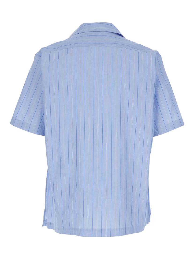 Blue Shirt with All-Over Striped Motif and Cuban Collar in Cotton Man