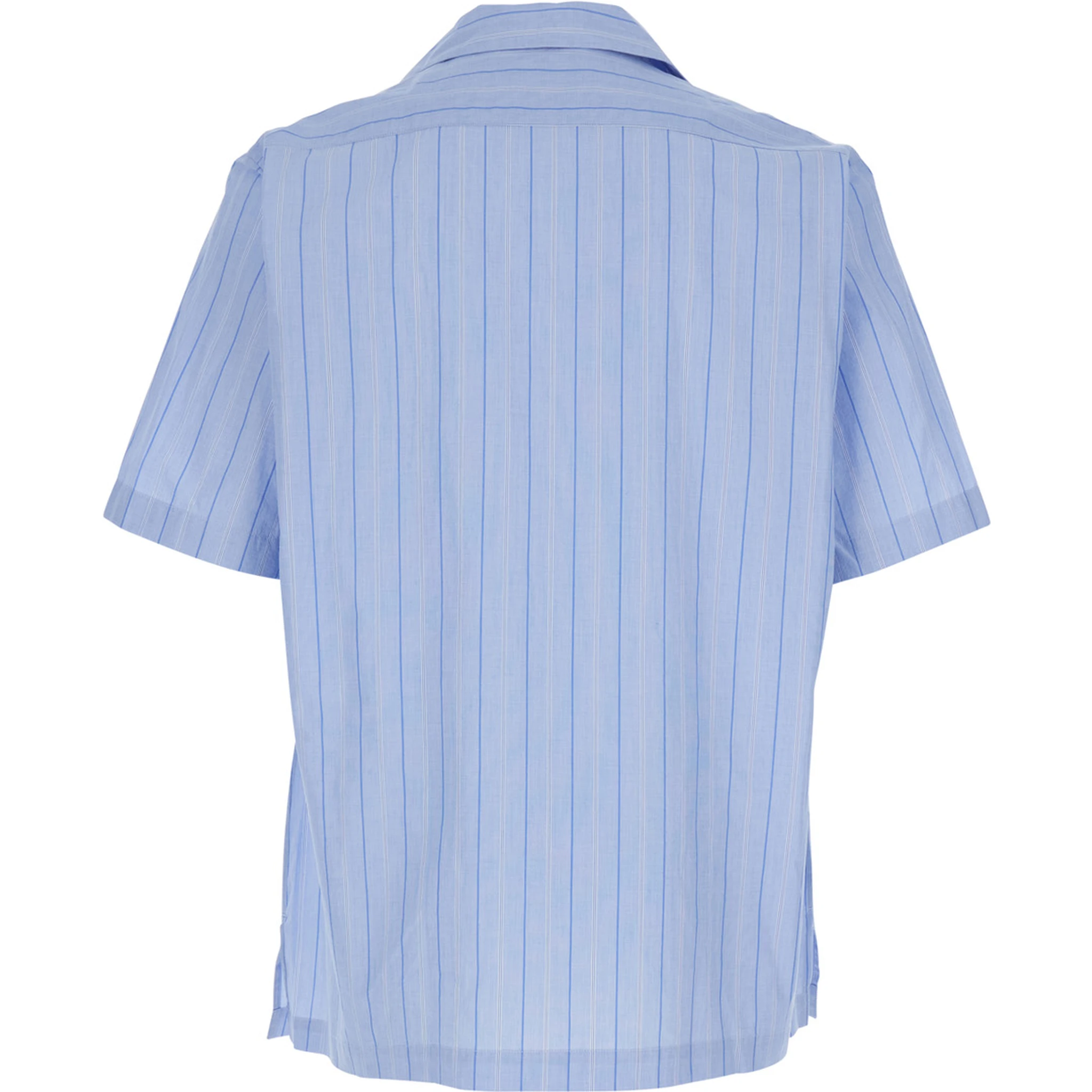 Blue Shirt with All-Over Striped Motif and Cuban Collar in Cotton Man