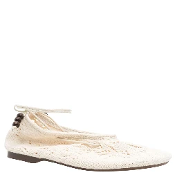 Rosemary White Ballet Flats with Embroidered Design Ankle Knot Closure in Cotton Crochet Woman