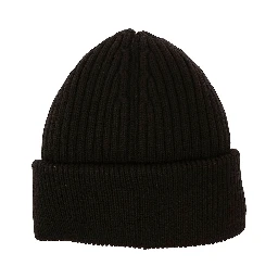 Black Ribbed Beanie with Logo Patch in Wool Man