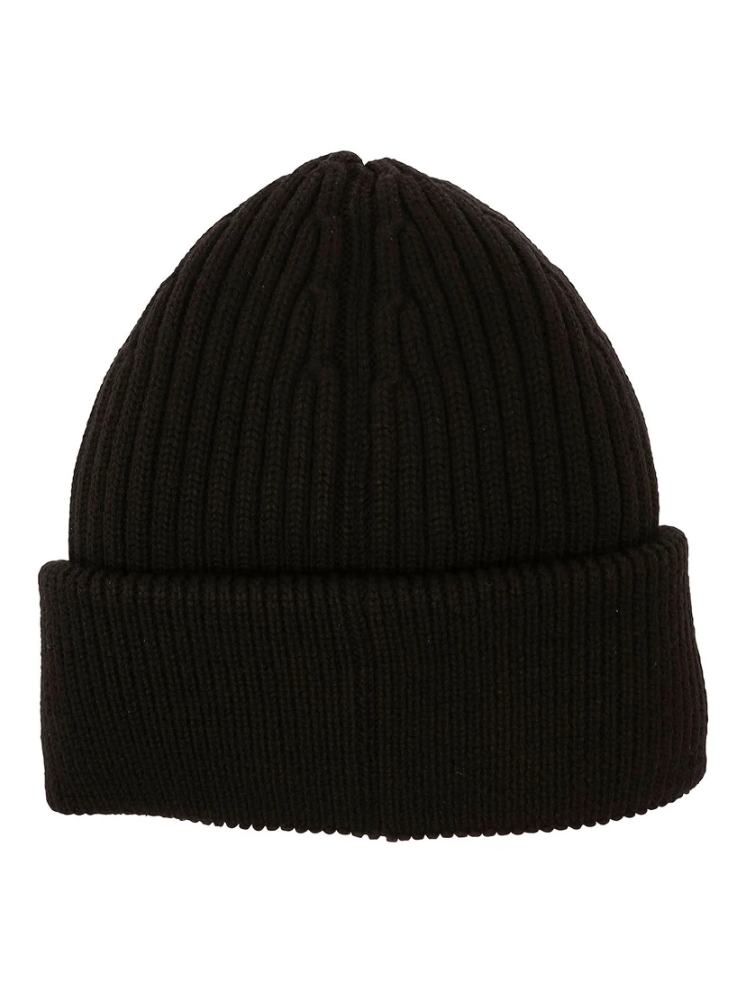 Black Ribbed Beanie with Logo Patch in Wool Man