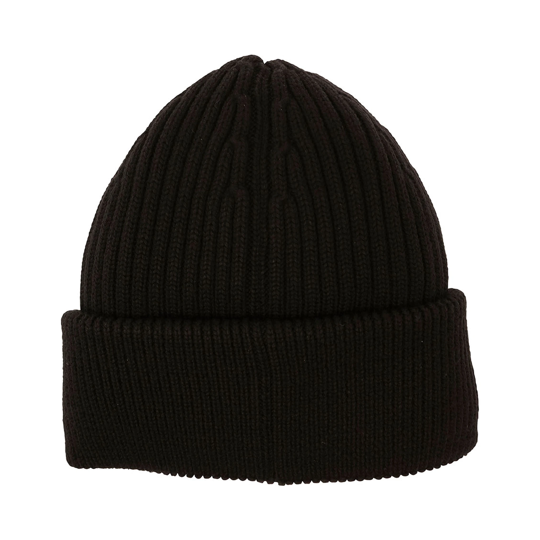 Black Ribbed Beanie with Logo Patch in Wool Man