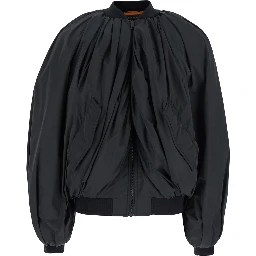 Black Bomber Draped Jacket with Elastic Rear Hem in Tech Fabric Woman