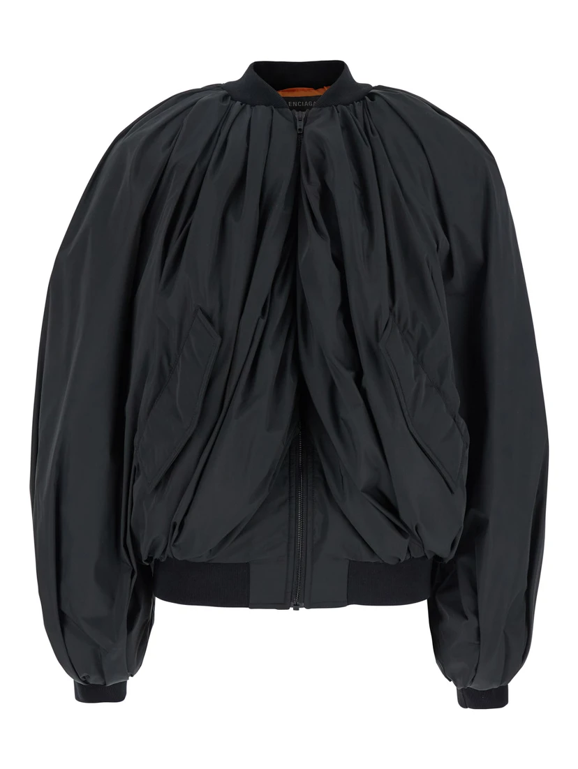 Black Bomber Draped Jacket with Elastic Rear Hem in Tech Fabric Woman