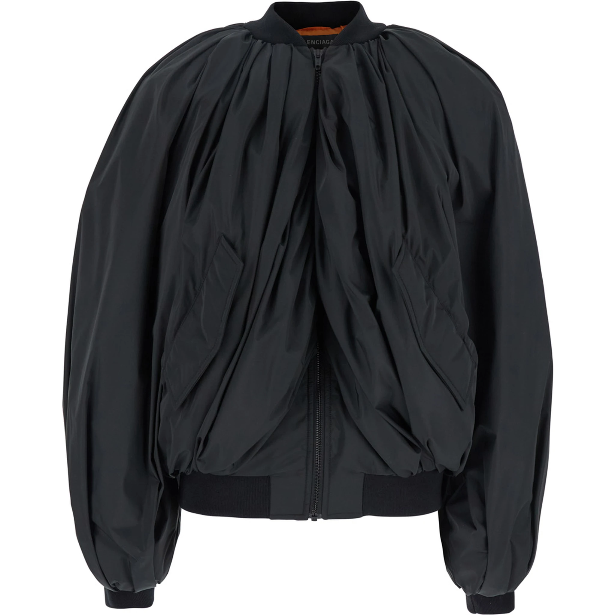 Black Bomber Draped Jacket with Elastic Rear Hem in Tech Fabric Woman