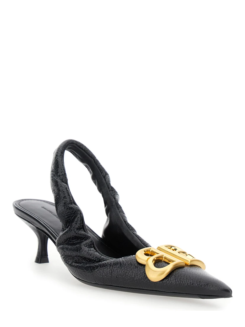 Monaco Black Slingback Pumps with Logo Plaque on the Front and Low Stiletto Heel in Leather Woman