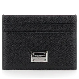 Black Card Holder with Logo Plaque on the Front in Grained Leather Man