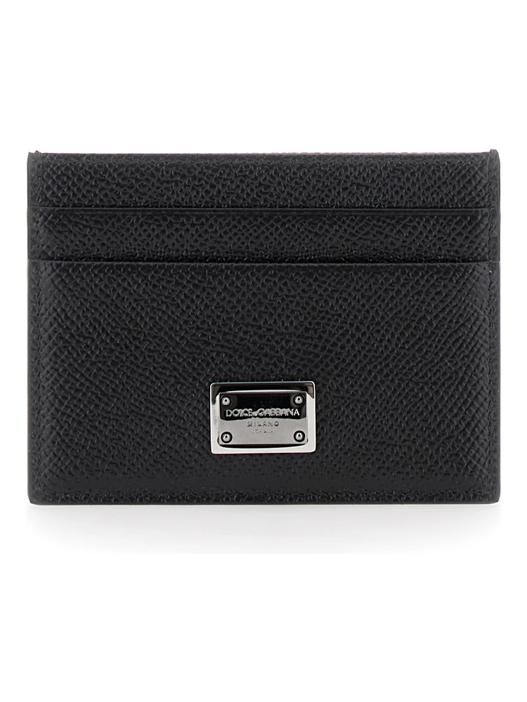 Black Card Holder with Logo Plaque on the Front in Grained Leather Man