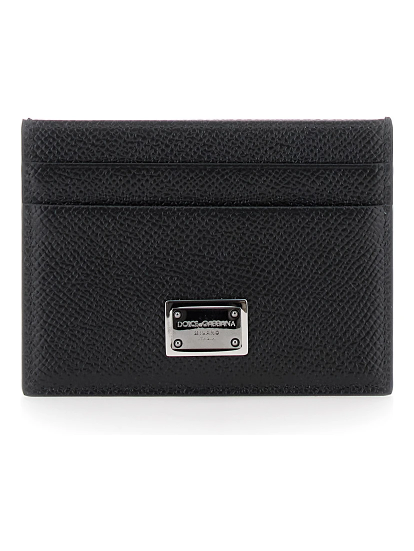 Black Card Holder with Logo Plaque on the Front in Grained Leather Man