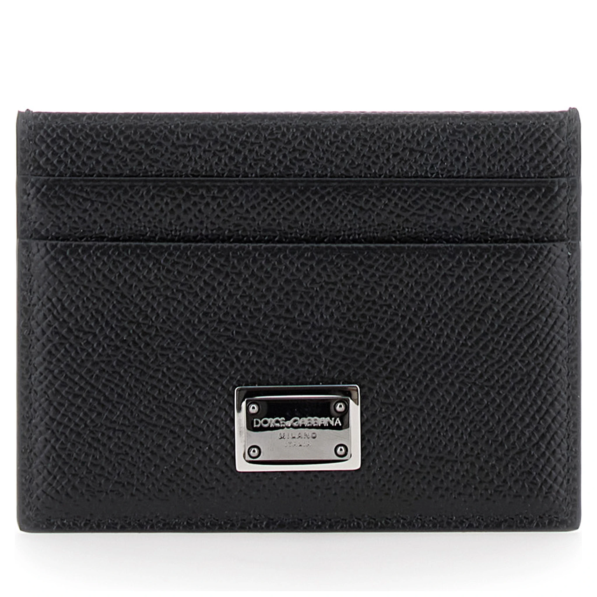 Black Card Holder with Logo Plaque on the Front in Grained Leather Man