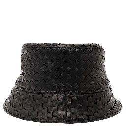 Black Bucket Hat with Metal Eyelets and Intreccio Motif in Leather Man