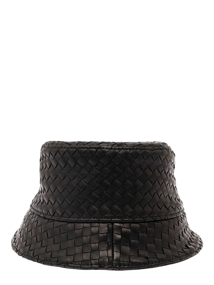 Black Bucket Hat with Metal Eyelets and Intreccio Motif in Leather Man alternative