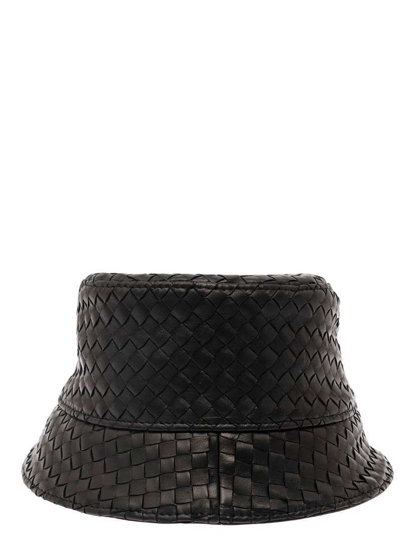 Black Bucket Hat with Metal Eyelets and Intreccio Motif in Leather Man
