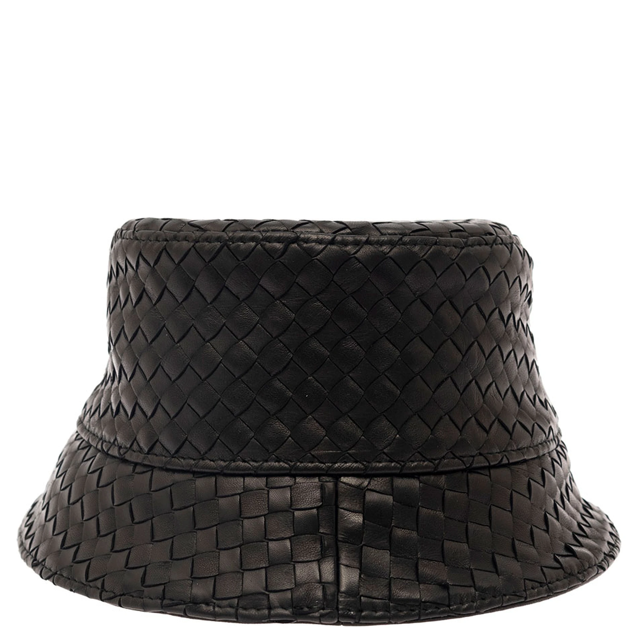 Black Bucket Hat with Metal Eyelets and Intreccio Motif in Leather Man