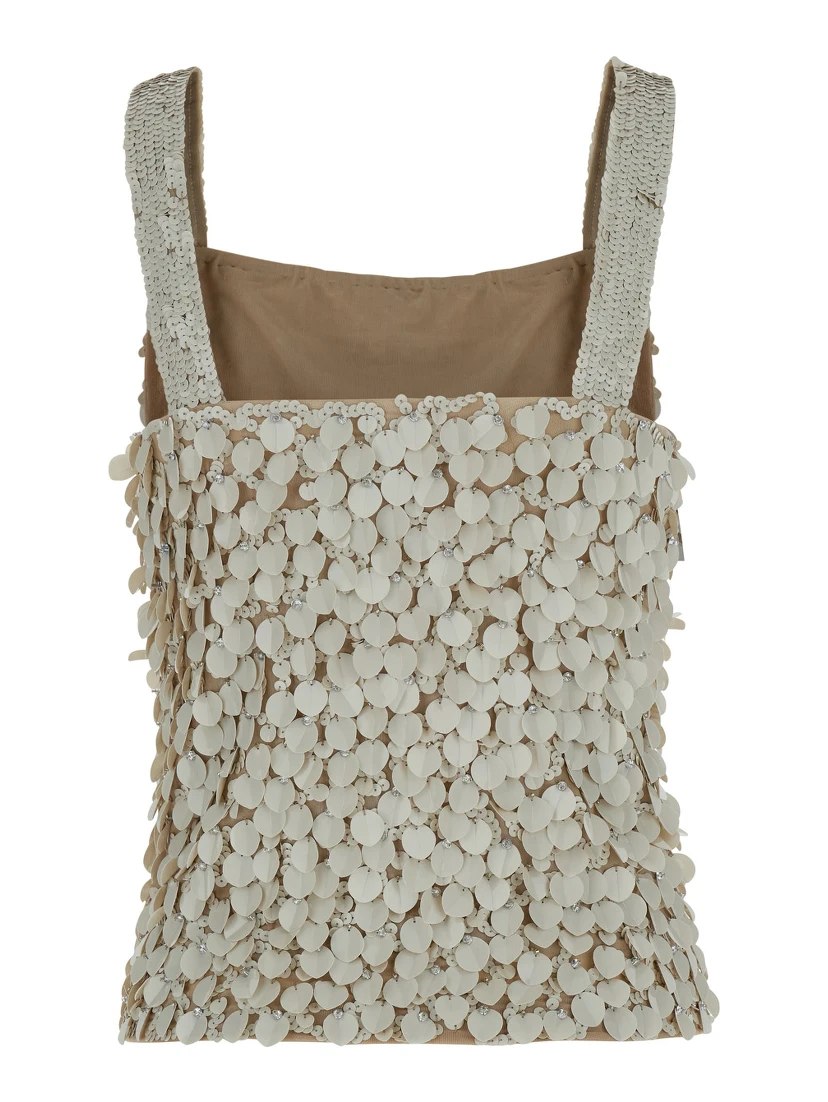 Beige Sleeveless Rhinestoned Top in Tech Fabric Stretch Woman