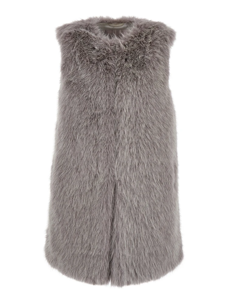 Grey Sleeveless Vest with Concealed Closure on the Front in Ecofur Woman