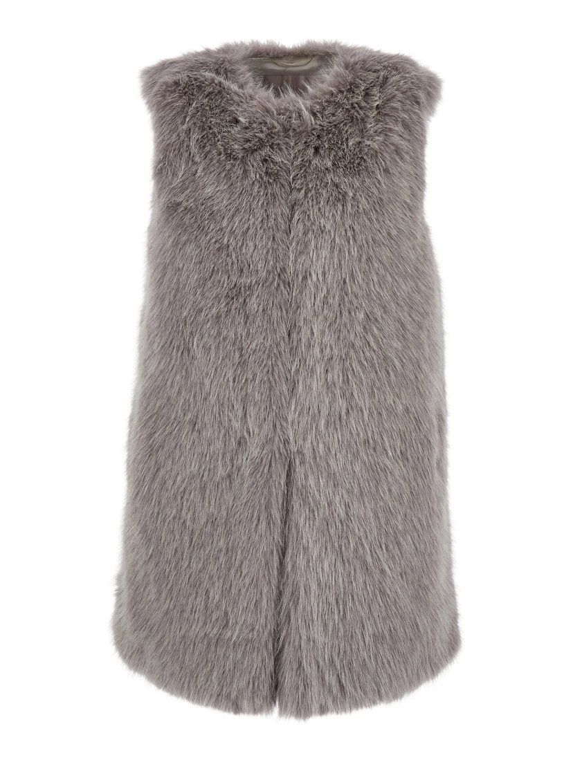 Grey Sleeveless Vest with Concealed Closure on the Front in Ecofur Woman