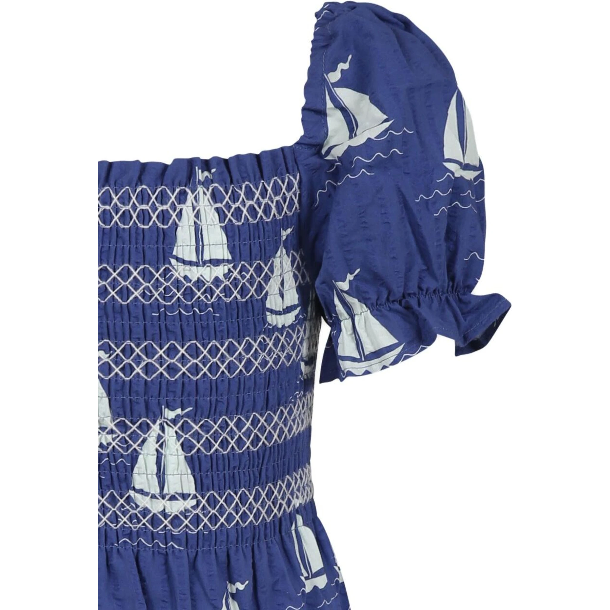 Blue Dress with Square Neckline and All-Over Boat Print in Cotton Girl