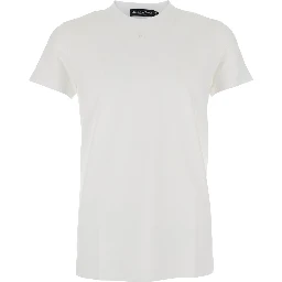 White Crewneck T-Shirt with Tonal Logo Lettering Embroidery on the Front in Cotton Stretch Man