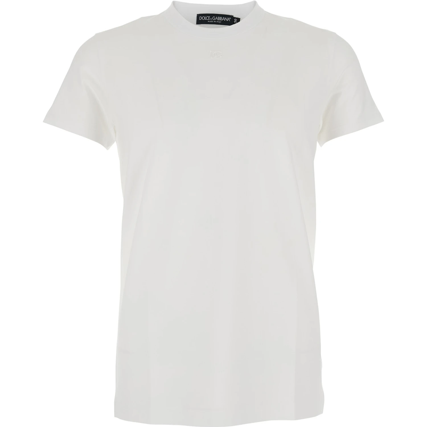 White Crewneck T-Shirt with Tonal Logo Lettering Embroidery on the Front in Cotton Stretch Man