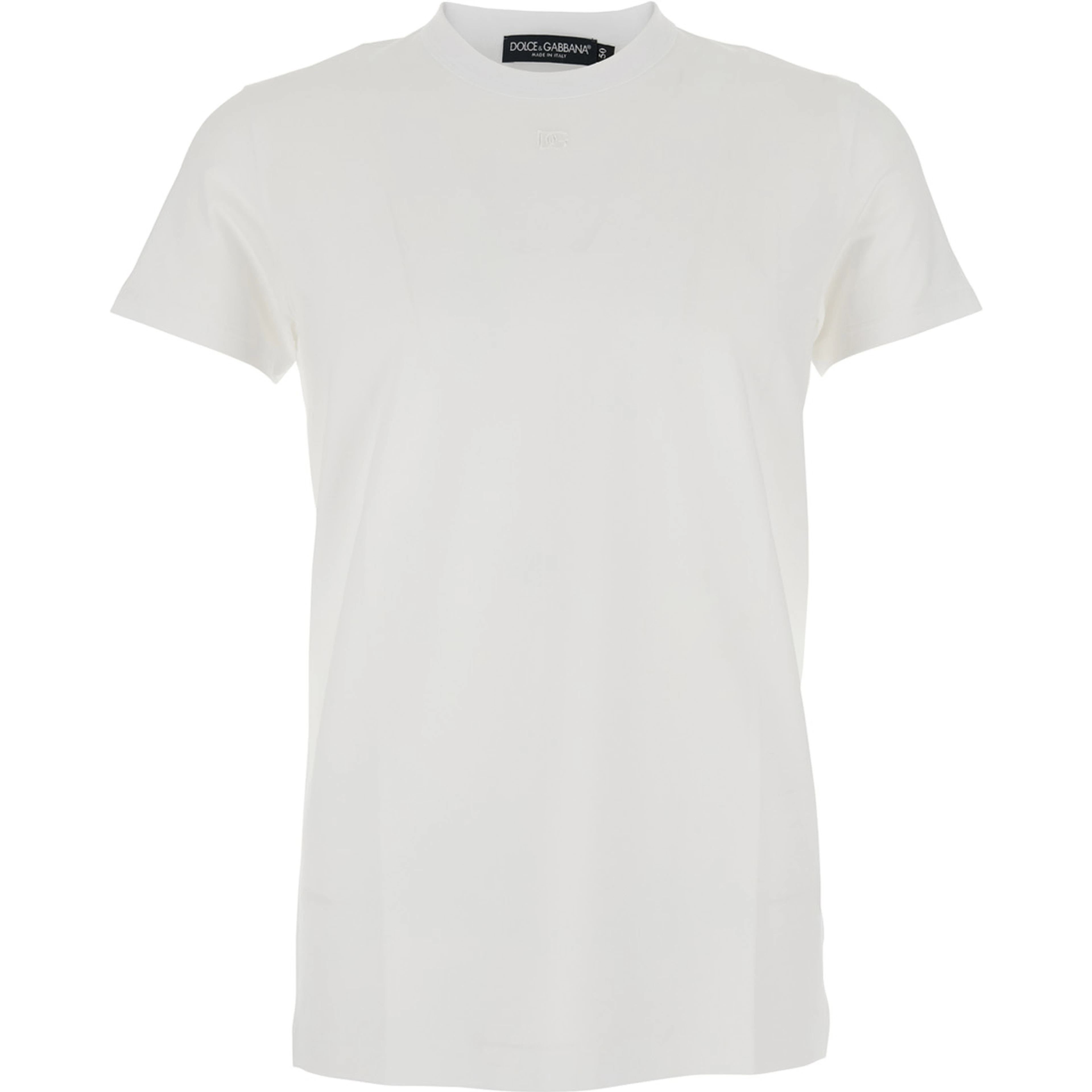 White Crewneck T-Shirt with Tonal Logo Lettering Embroidery on the Front in Cotton Stretch Man