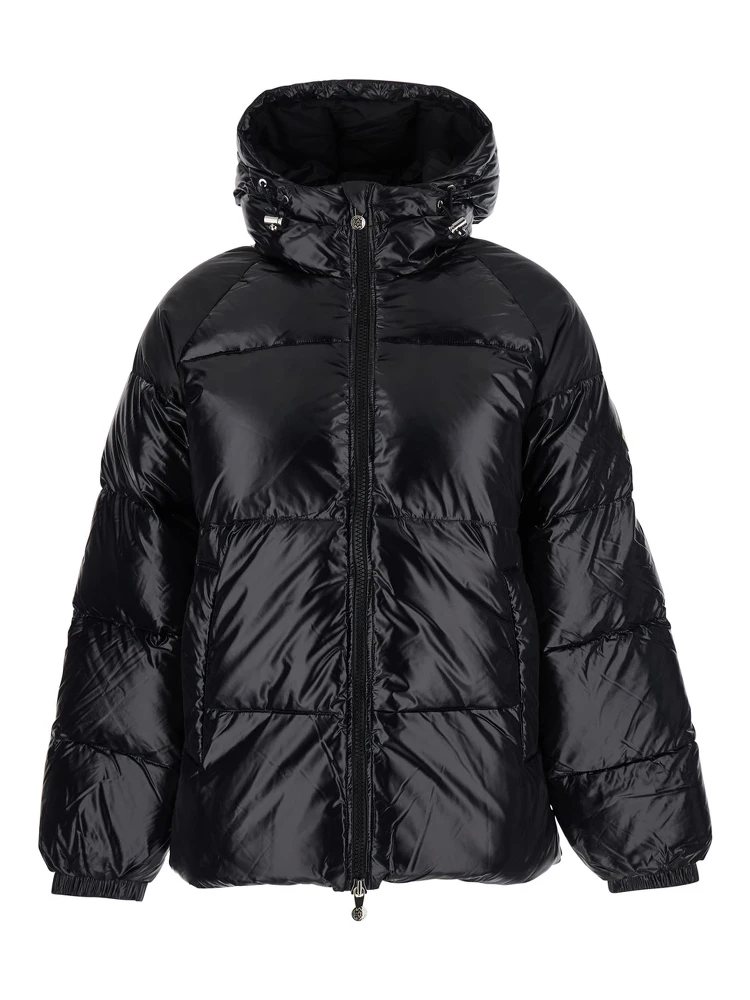 Sten Black Down Jacket with Drawstring Hood and Logo Patch on the Sleeve in Tech Fabric Unisex