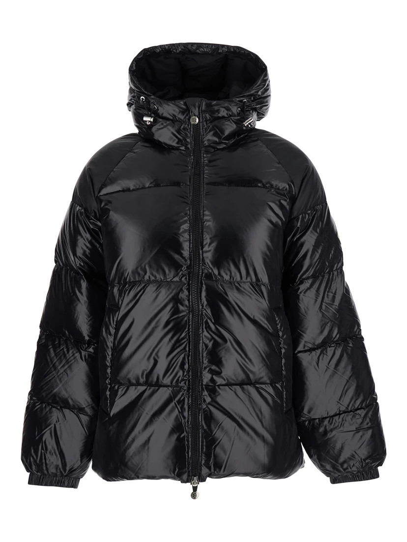 Sten Black Down Jacket with Drawstring Hood and Logo Patch on the Sleeve in Tech Fabric Unisex