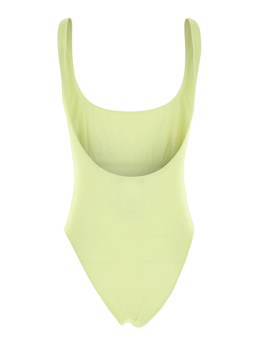 Yellow One-Piece Swimsuit with Medusa Print and Logo Lettering on the Front in Tech Fabric Woman